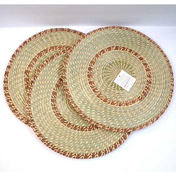 Handmade Fair Trade Set Of 3 Natural Woven Placemats 14” Diameter - Picture 1 of 5